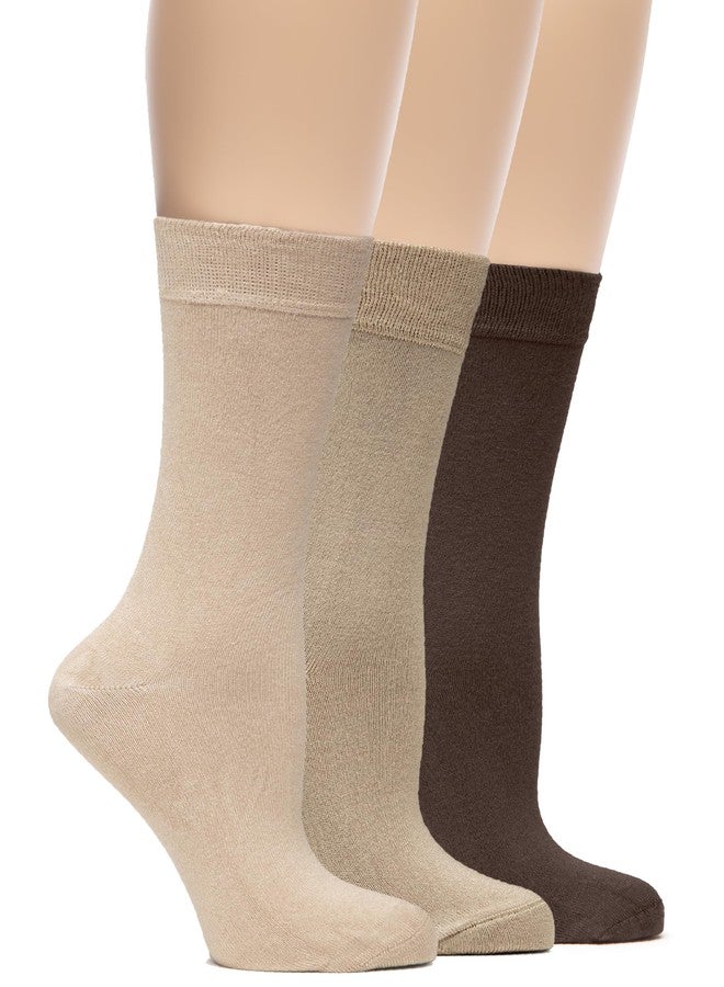 Hugh Ugoli Womens Cute Neutral Color Rayon Crew Socks, Aesthetic Girl Clothes, Soft, Fall Colored, 3 Pairs, Beige/Dark Beige/Brown, Shoe Size: 6-9 - Image 1